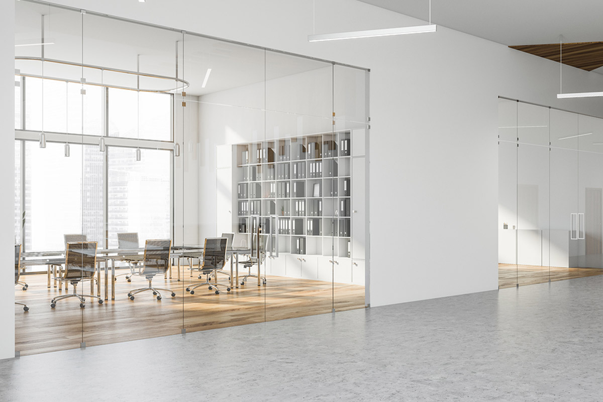 Interior of modern office hall with white and glass walls, concrete and wooden floor and conference room with glass table, black chairs and bookcase. 3d rendering